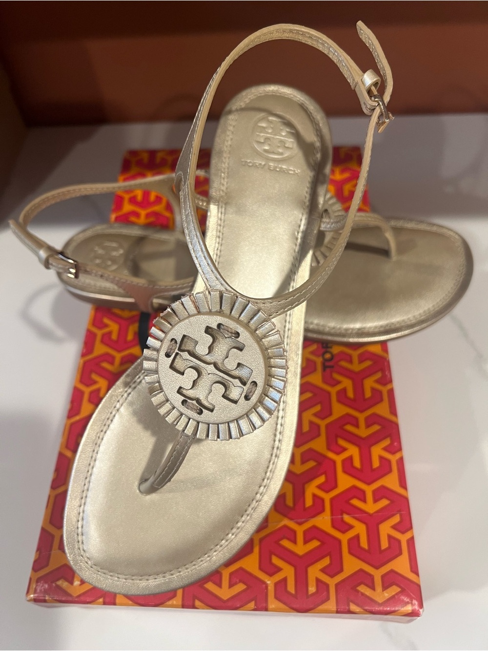 Tory Burch Gold Leather Logo T-Strap Sandals